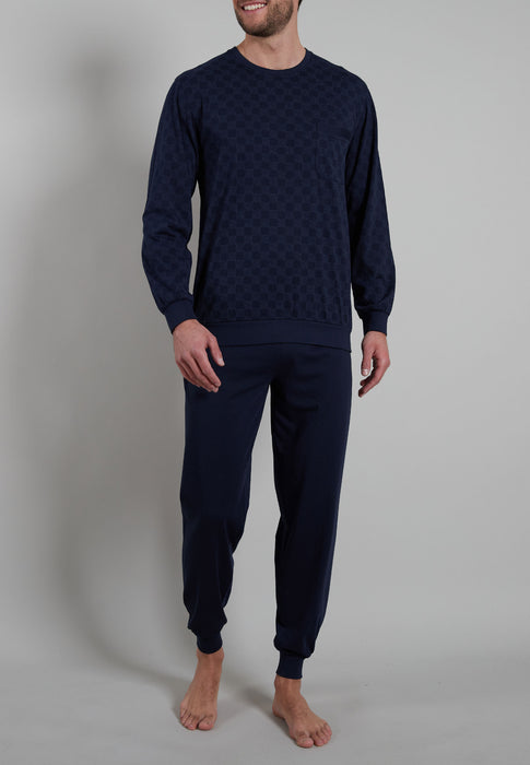 BUGATTI Pyjama, O-A., Bündchen blau-dunkel-Allover