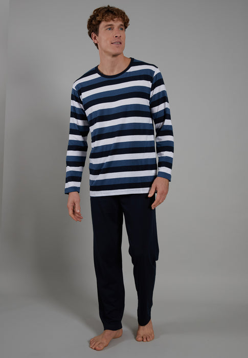 CECEBA Pyjama, Rundhals, offen blau-mittel-Ringel