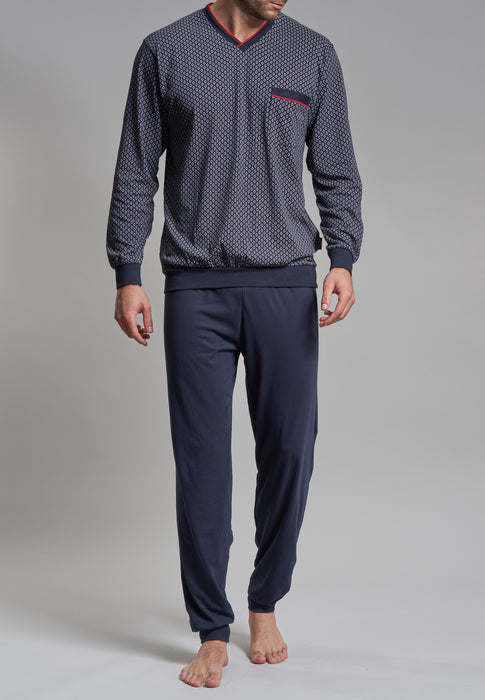 GÖTZBURG Pyjama, V-Ausschnitt, Bündchen Navy