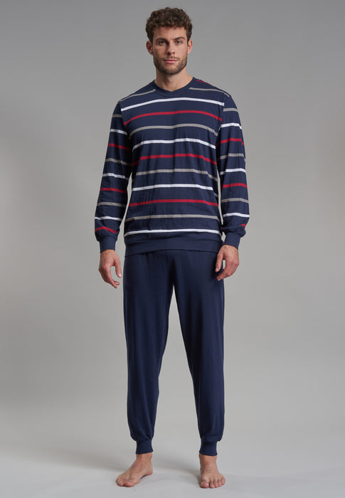 GÖTZBURG Pyjama, Rundhals, Bündchen blau-dunkel-Ringel