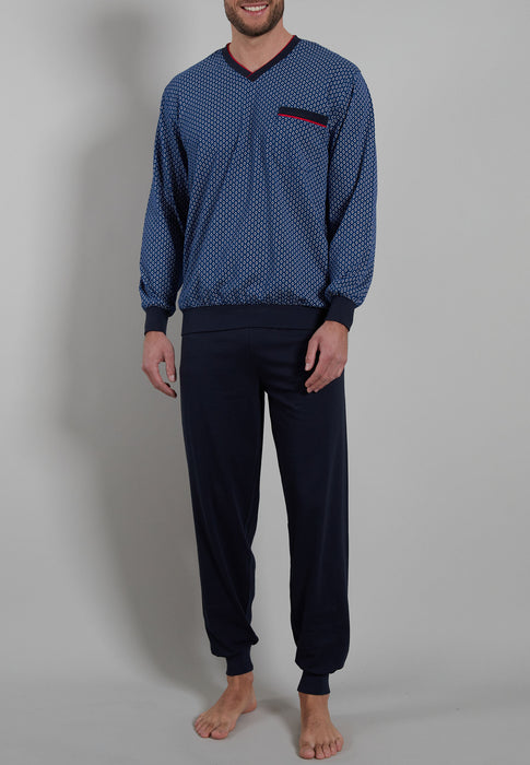 GÖTZBURG Pyjama, V-Ausschnitt, Bündchen blau-dunkel-uni