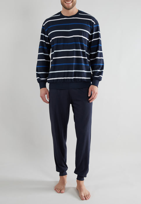 GÖTZBURG Pyjama, Rundhals, Bündchen blau-mittel-Ringel
