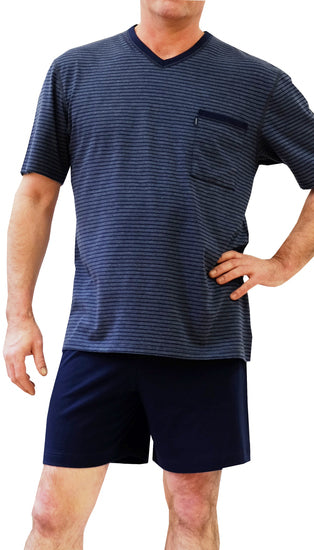 AMMANN Schlafanzug kurz, V-Ausschnitt, Brusttasche, blau