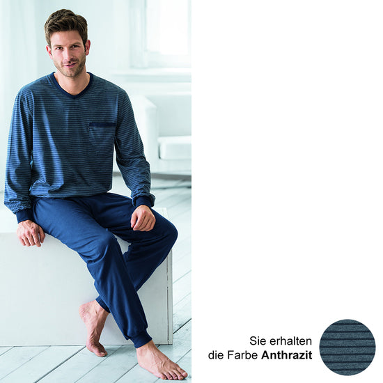 AMMANN Schlafanzug lang, V-Ausschnitt, Brusttasche, anthrazit