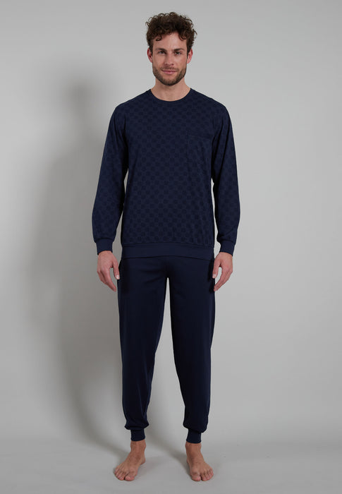 BUGATTI Pyjama, O-A., Bündchen blau-dunkel-Allover