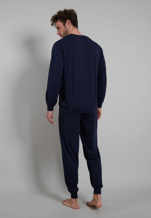 BUGATTI Pyjama, O-A., Bündchen blau-dunkel-Allover