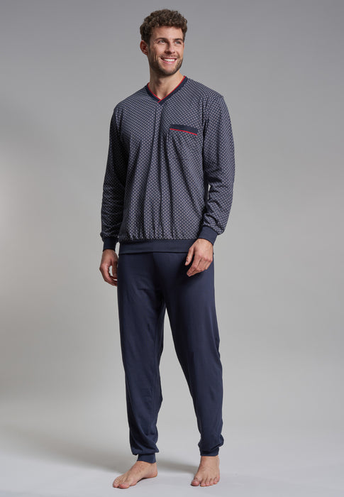 GÖTZBURG Pyjama, V-Ausschnitt, Bündchen Navy