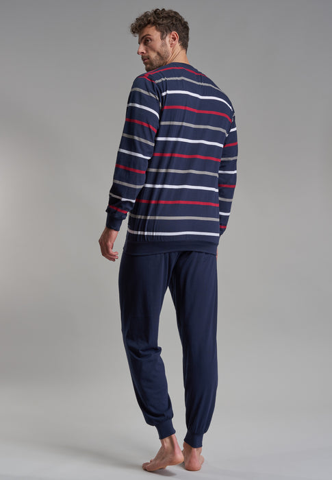 GÖTZBURG Pyjama, Rundhals, Bündchen blau-dunkel-Ringel