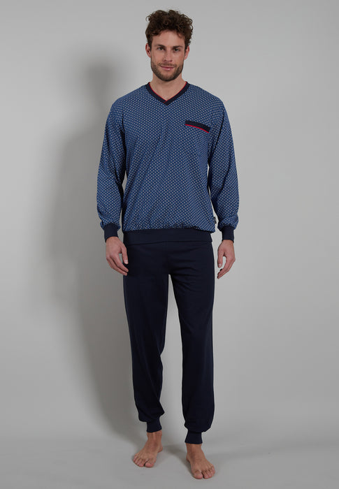 GÖTZBURG Pyjama, V-Ausschnitt, Bündchen blau-dunkel-uni