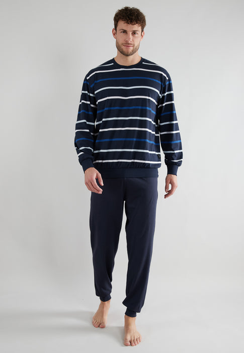 GÖTZBURG Pyjama, Rundhals, Bündchen blau-mittel-Ringel