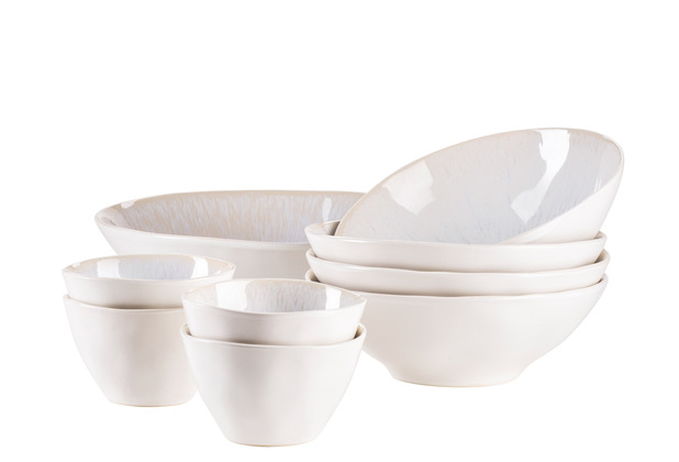 Mäser FROZEN 9-teiliges Bowl Set aus schöner Keramik, 1 Salatschüssel, 4  Ramen Schalen und 4 Dip Schälchen, organische Formen im Vintage Look,  händisch lasiert Weiß