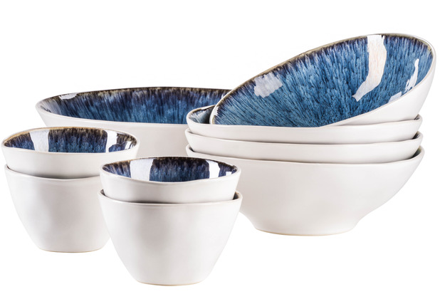 Mäser FROZEN Bowl und Salatschüssel Set aus schöner Keramik im Vintage  Look, händisch lasiert Blau, 9-tlg