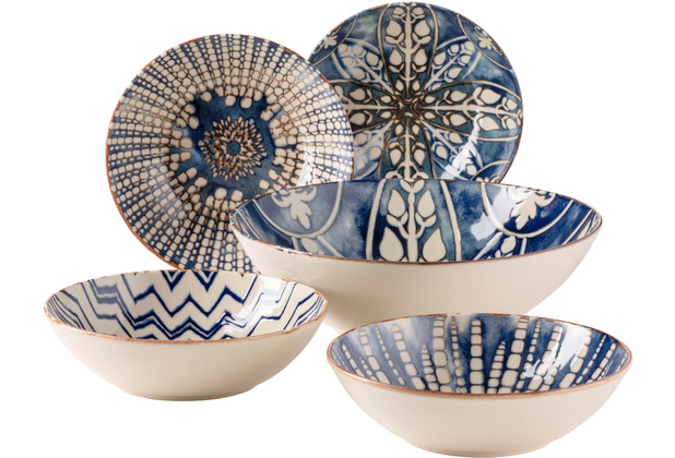 Mäser IBERICO BLUE 5-teiliges Bowl Set im maurischen Stil, 1 Salatschüssel  groß und 4 Schalen für Salat, Müsli, Suppe oder Pasta, mit verschiedenen  Vintage Mustern in Weiß und Blau Blau, Beige
