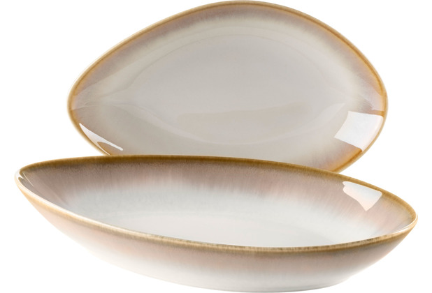 Beige, LA Set, Farbverlauf Vintage Servierschalen SINFONIA moderner Cremeweiß 2 Schalen mit ovale Mäser Keramik Look von zu Deko Beige in Weiß Größen,
