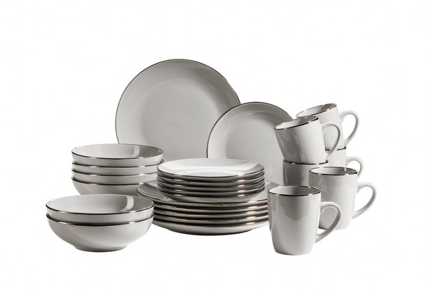 Mäser Metallic Rim Geschirr-Set mit 6 24-teilig grau Silberrand für Personen