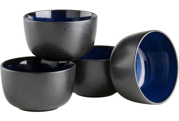 Blau Vintage skandinavischem Schalen in Glasur, mit / Set Schwarz NIARA Design, Schwarz aufregender Müslischalen 4 / Mäser Blau aus Keramik Modernes