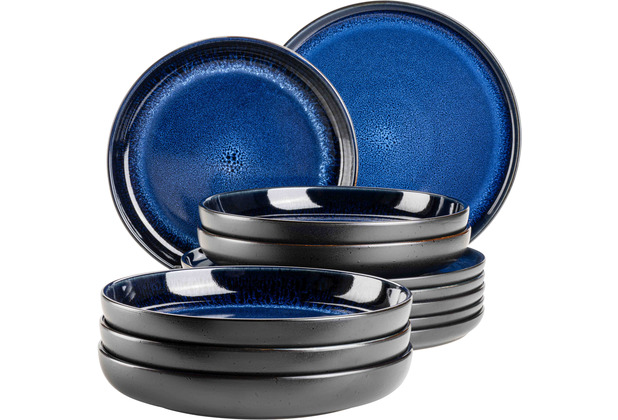 Mäser NIARA Tafelservice für 6 Personen Vintage, 12-teilig aus Keramik in  Schwarz, Blau